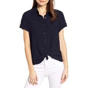 Scotch & Soda Short Sleeve Smocked Button-Down Shirt - Navy - S